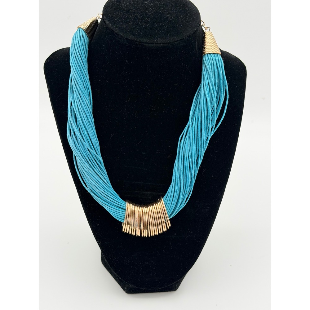 Turquoise Blue Multi Strand Cord Bib Necklace Gold Tone Fringe Boho Statement